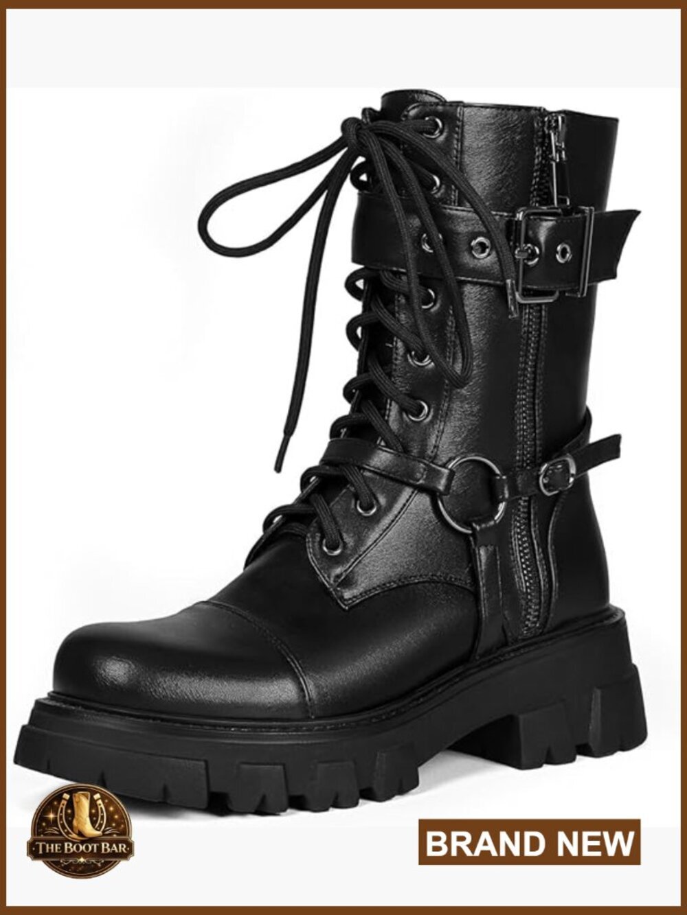 Harness Motorcycle Boots Chunky Mid Calf Goth Combat Boots Lug Sole Lace Up